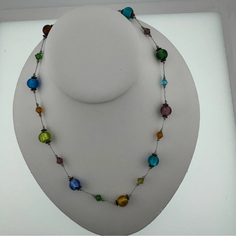 Colorful Beaded Foil Glass Necklace with Silver Details 10 inches Dainty